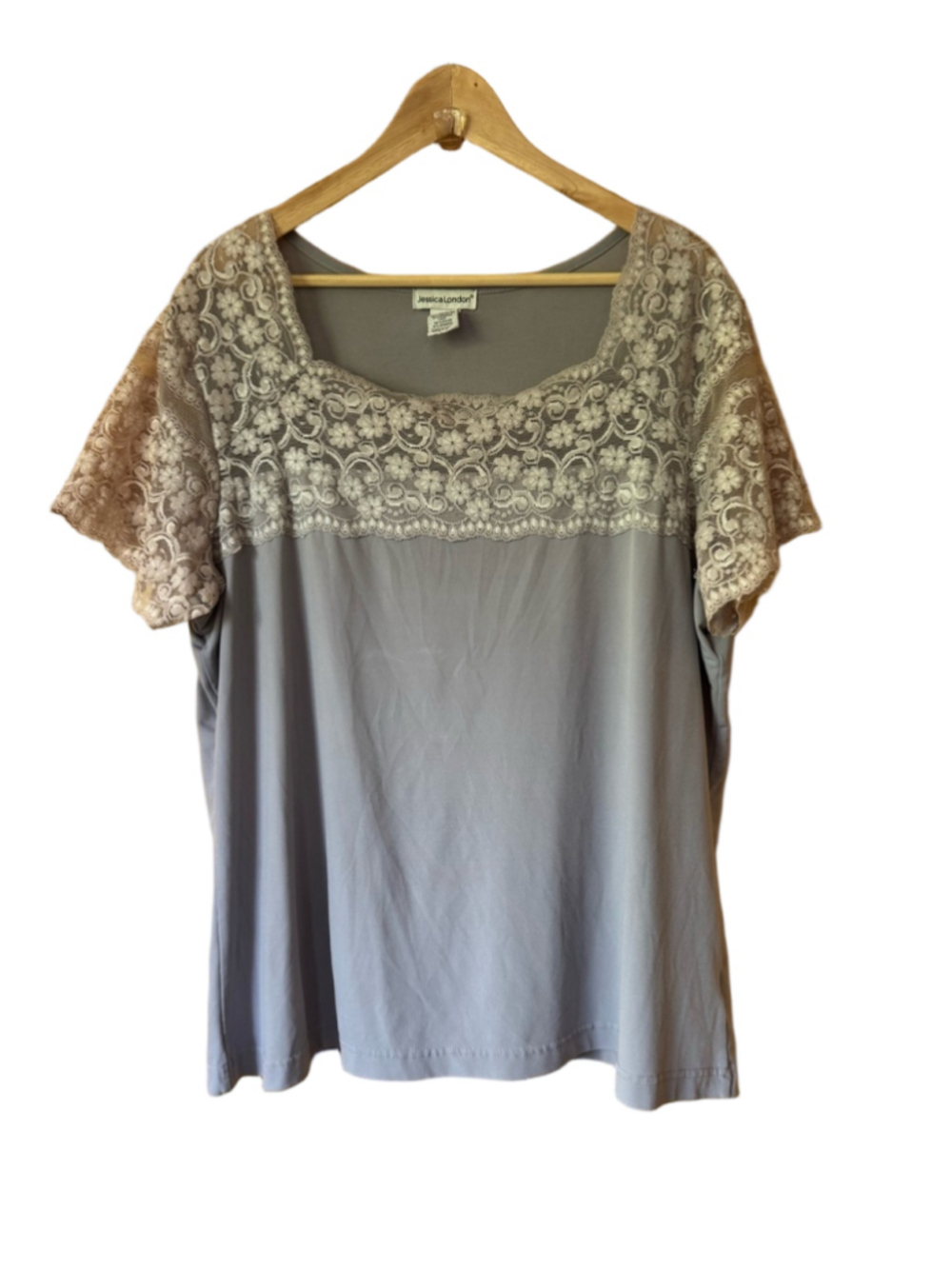Jessica London Lavender-Gray Lace Yoke Short Sleeve Top Plus size 2X